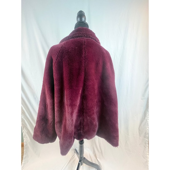 Burgundy Faux Fur Teddy Coat Oversized Notched Lapel Open Front Jacket Wine Red - Picture 5 of 13